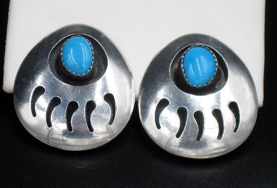 Vintage sterling silver bear paw clip on earrings with blue green turquoise