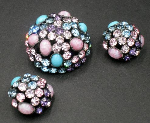 Collection of Vintage Pastel Rhinestone Pins and Earring Set