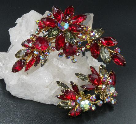Vintage Beau Jewels Red & Red AB Large Brooch & Earring Set