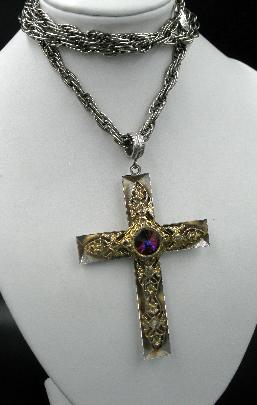Enormous Signed Whiting and Davis Rivoli Cross Necklace