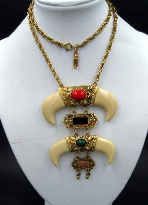 Vintage HMS Madeira Creations Tribal Style Faux Ivory Horns Lucite Necklace