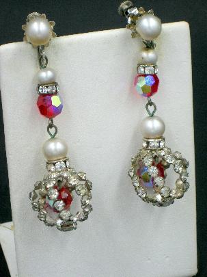 Fabulous Vintage Vendome Caged Rhinestone Pearl and Red AB Drop Earrings