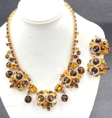 Vintage Hobe' Amber Topaz, Art Glass, Tulip Necklace and Earring Set