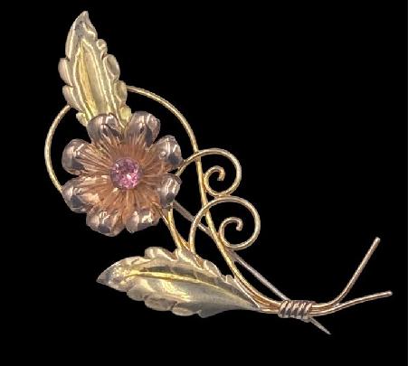 Vintage Van Dell Sterling Pink Rhinestone Rose and Yellow Gold Filled Brooch