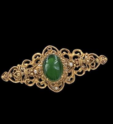 Vintage Florenza Flawed Emerald & Faux Pearl Brooch
